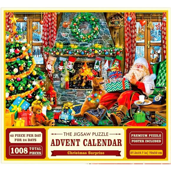 Advent Calendar Jigsaw Puzzle 1008 Pieces 19 x 27 inches Santa Cookies and Milk - Picture 1 of 2